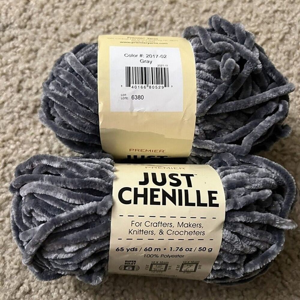 Lot Of 2 Skeins Premier Just Chenille Yarn gray Crochet 65 Yds X2